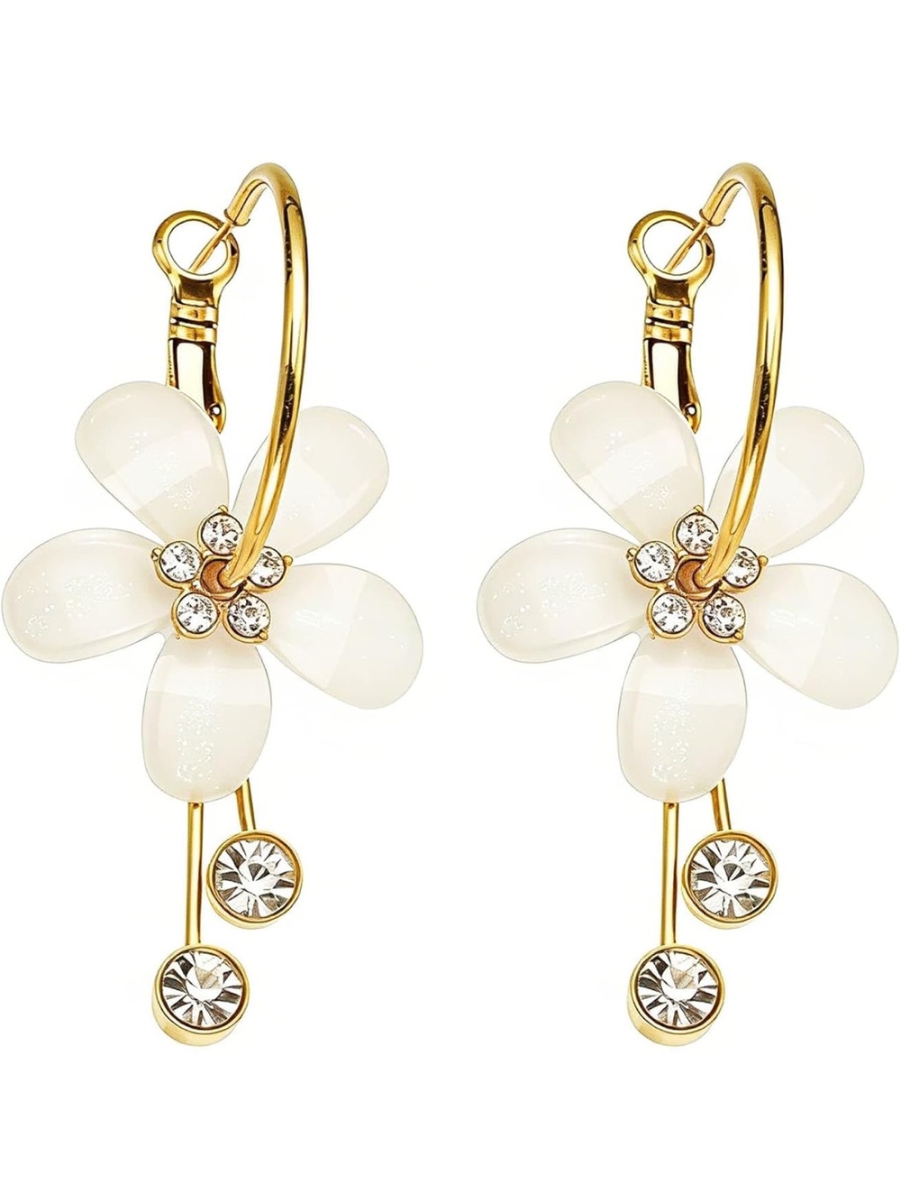 Flora lux Gold-Tone White Flower Hoop Earrings with Crystal Accents